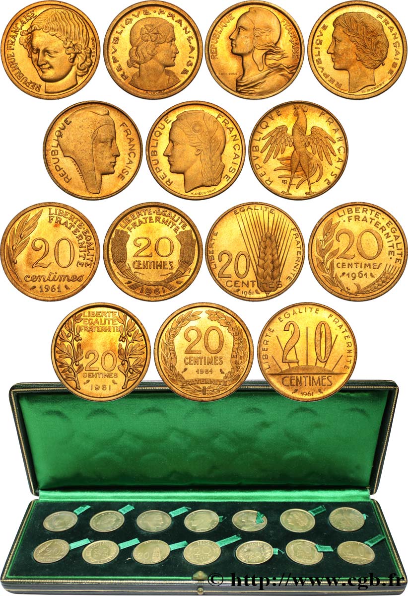 Boîte de présentation contenant deux séries des sept pré-séries de 20 centimes du concours monétaire SANS LE MOT ESSAI 1961 Paris GEM.55 15 FDC 