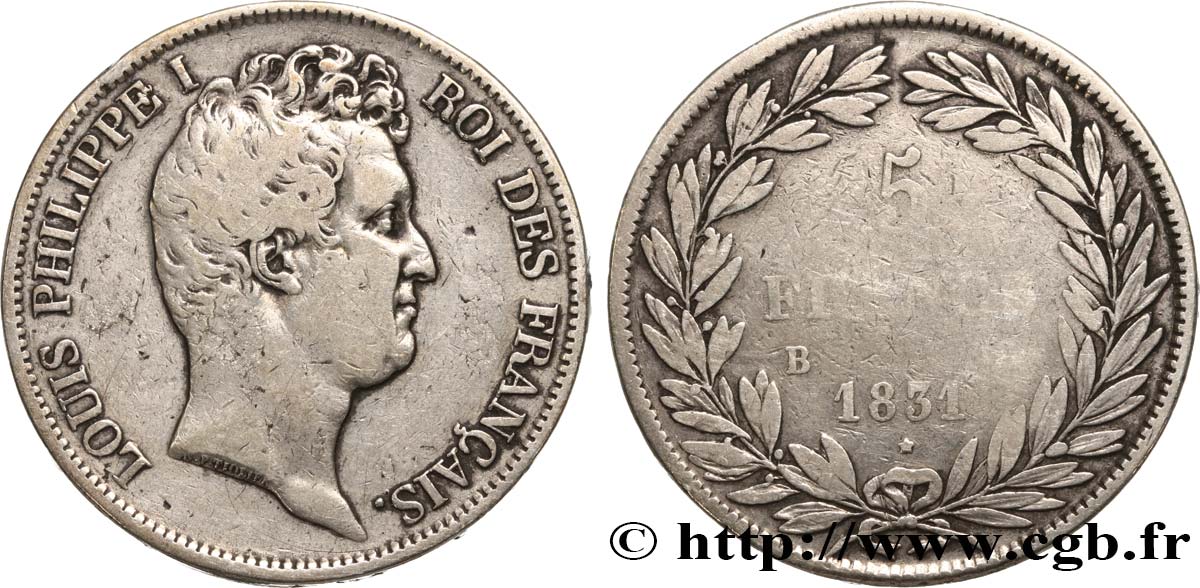 5 francs type Tiolier avec le I, tranche en creux 1831 Rouen F.315/15 TB