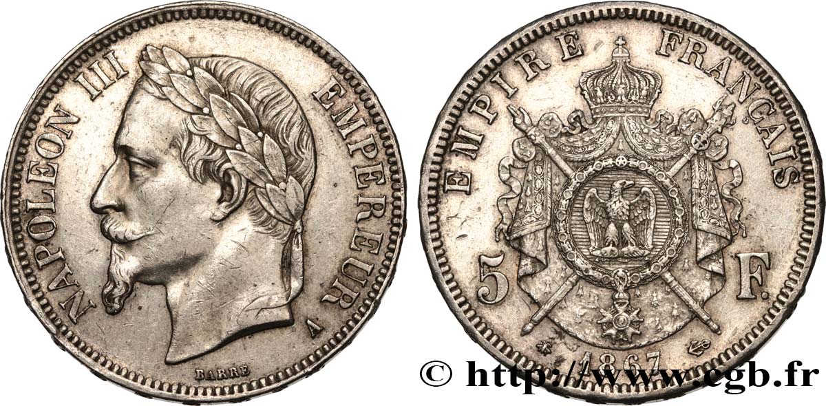 5 francs Napoléon III, tête laurée 1867 Paris F.331/10 TTB