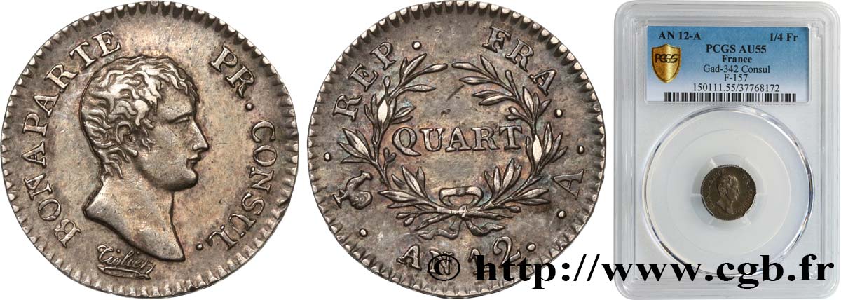 Quart (de franc) Bonaparte Premier Consul 1804 Paris F.157/1 AU55 PCGS