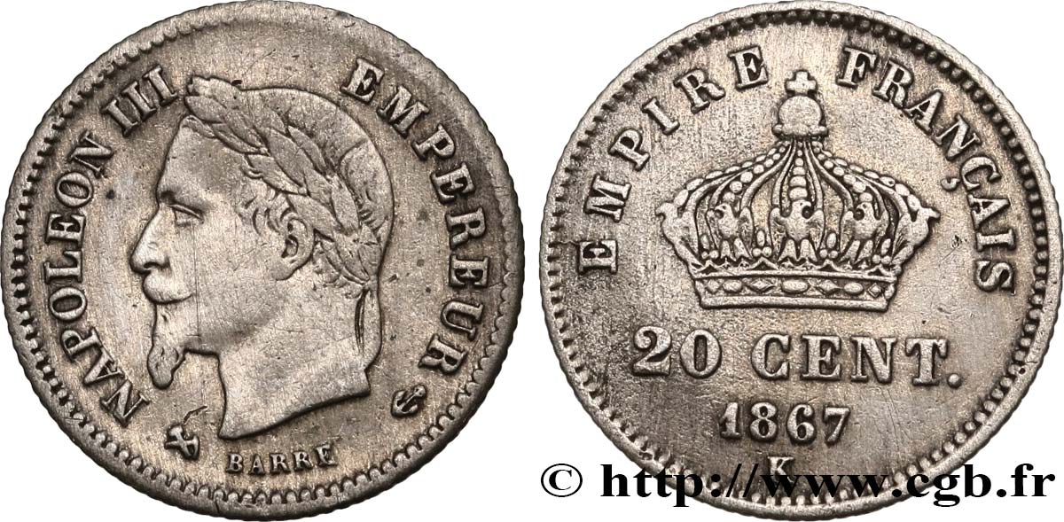 20 centimes Napoléon III, tête laurée, grand module 1867 Bordeaux F.150/3 TB