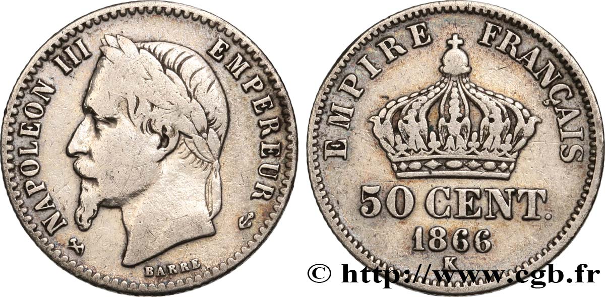 50 centimes Napoléon III, tête laurée 1866 Bordeaux F.188/11 TB