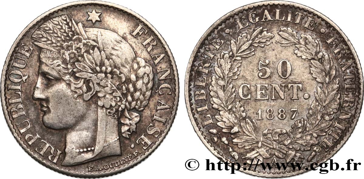 50 centimes Cérès, Troisième République 1887 Paris F.189/12 TTB45