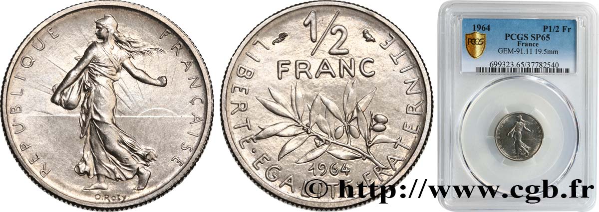 Pré-série d un 1/2 franc Semeuse, petit module, avec différents, tranche striée, sans le mot ESSAI 1964 Paris F.198/1 FDC65 PCGS