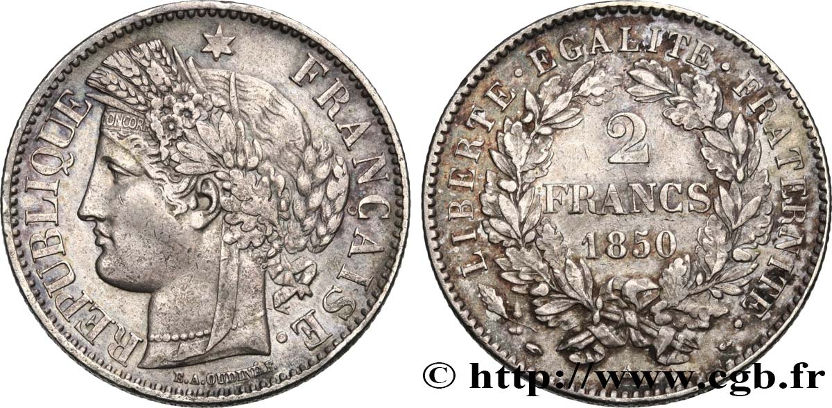2 francs Cérès, IIe République 1850 Paris F.261/4 XF 