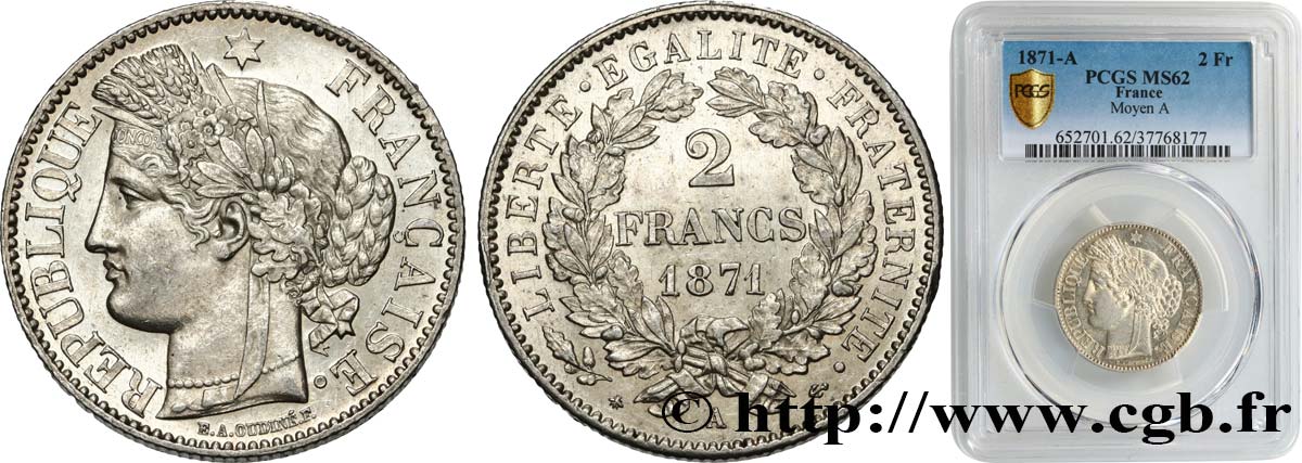 2 francs Cérès, avec légende 1871 Paris F.265/4 MS62 PCGS