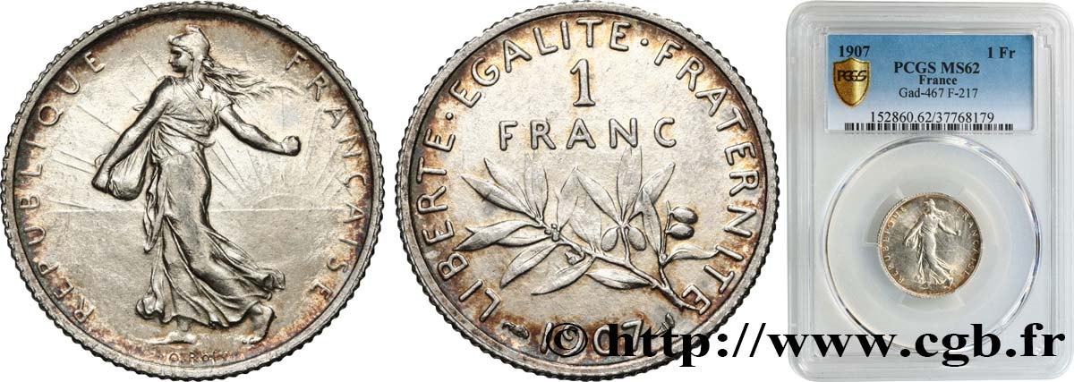 1 franc Semeuse 1907  F.217/12 MS62 PCGS