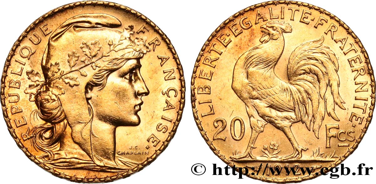 20 francs or Coq, Liberté Égalité Fraternité 1912 Paris F.535/6 SPL