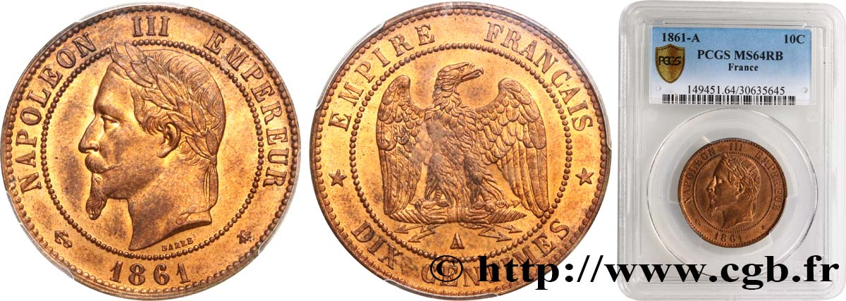 Dix centimes Napoléon III, tête laurée 1861 Paris F.134/4 SPL64 PCGS