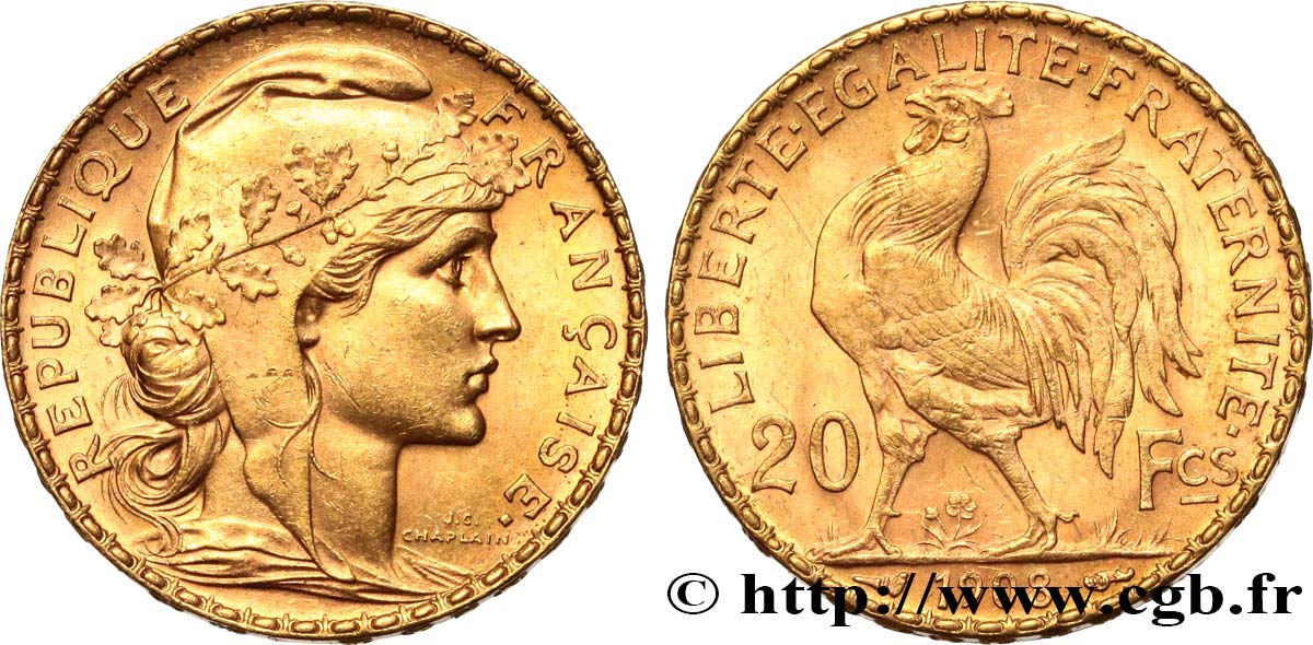 20 francs or Coq, Liberté Égalité Fraternité 1908 Paris F.535/2 MS