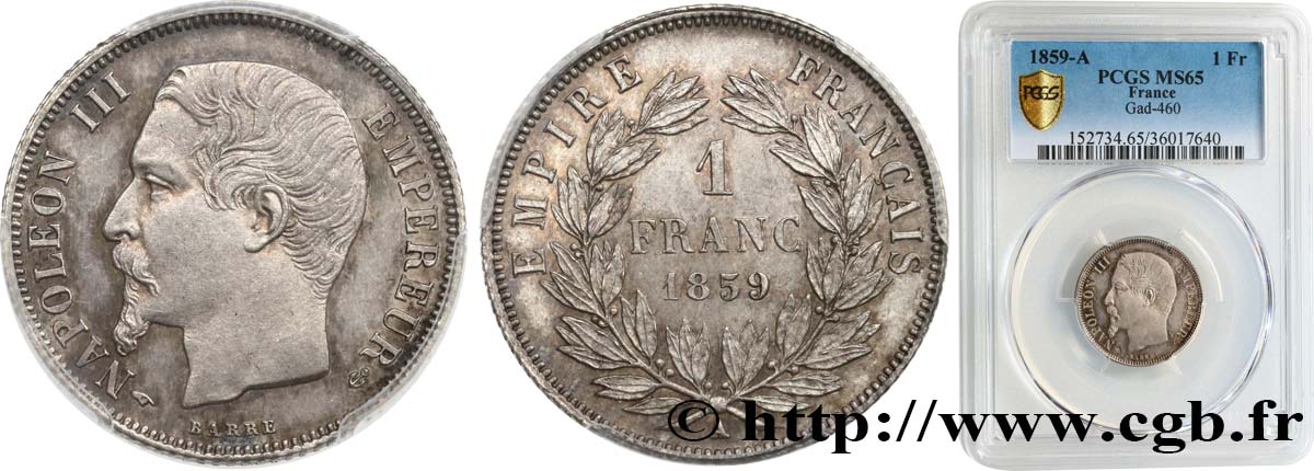 1 franc Napoléon III, tête nue 1859 Paris F.214/12 FDC65 PCGS