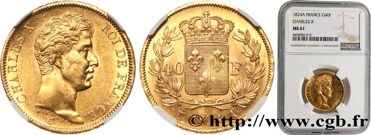 40 francs or Charles X, 1er type 1824 Paris F.543/1 SUP61 NGC