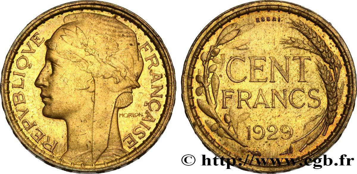 Concours de 100 francs or, essai de Morlon en bronze-aluminium 1929 Paris GEM.282 4 fST63 