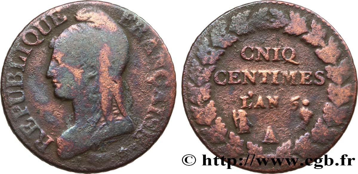 Cinq centimes Dupré, grand module, CNIQ 1797 Paris F.115/5 B 