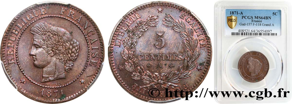 5 centimes Cérès 1871  Paris F.118/2 MS64 PCGS