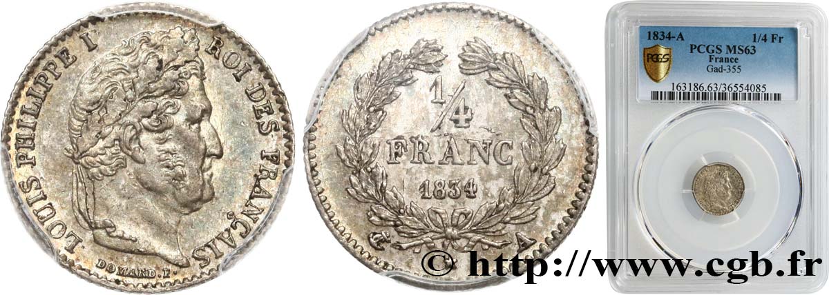 1/4 franc Louis-Philippe 1834 Paris F.166/37 MS63 PCGS