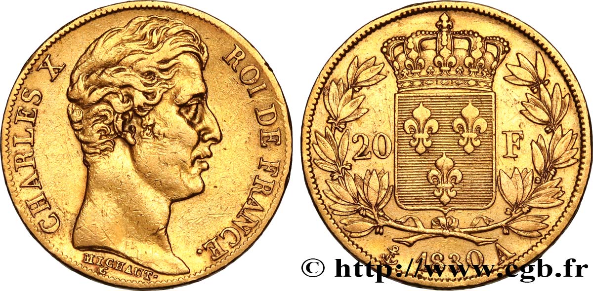 20 francs or Charles X, matrice du revers à cinq feuilles 1830 Paris F.521/6 TB+ 