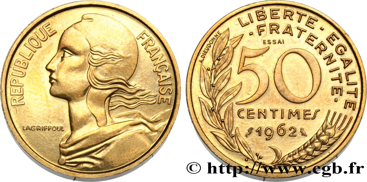 Essai-piéfort de 50 centimes Marianne 1962 Paris GEM.89 EP MS 