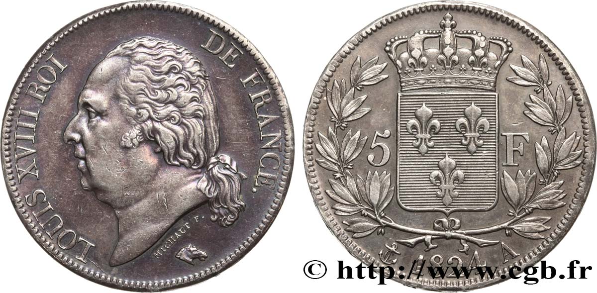5 francs Louis XVIII, tête nue 1824 Paris F.309/88 TTB+ 