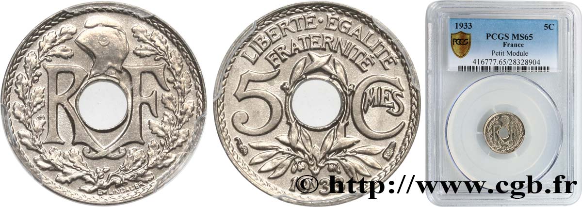 5 centimes Lindauer, petit module 1933 Paris F.122/16 FDC65 PCGS