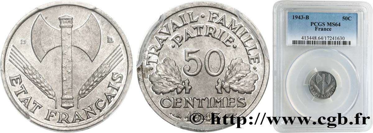 50 centimes Francisque, légère 1943 Beaumont-Le-Roger F.196/3 MS64 PCGS