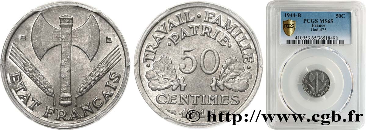 50 centimes Francisque, légère 1944 Beaumont-Le-Roger F.196/5 MS65 PCGS