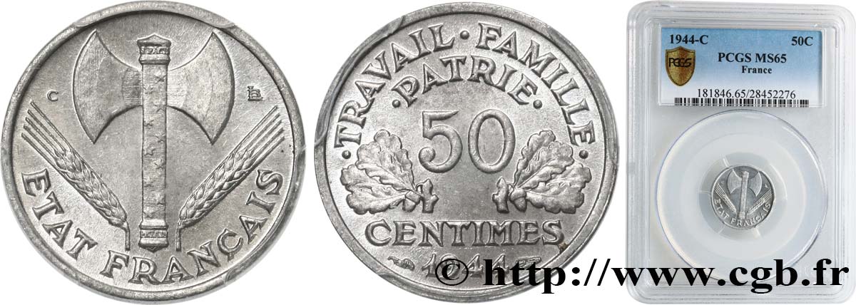 50 centimes Francisque, légère 1944 Castelsarrasin F.196/6 MS65 PCGS