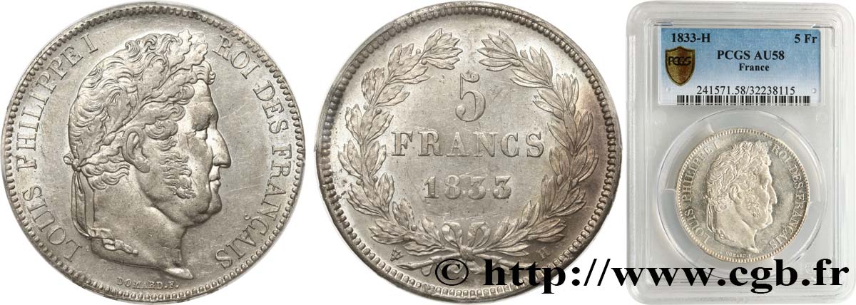 5 francs IIe type Domard, 1833/2 1833 La Rochelle F.324/19 AU58 PCGS
