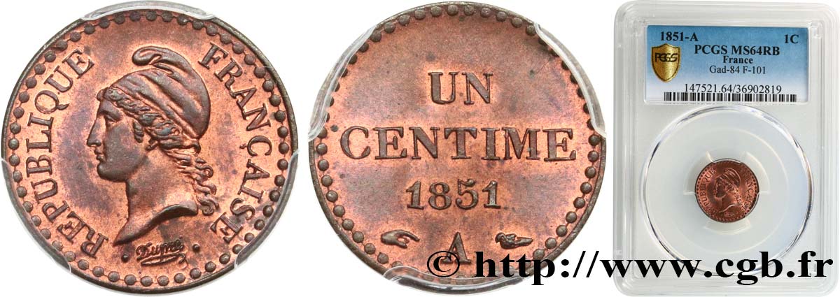Un centime Dupré, IIe République 1851 Paris F.101/8 SPL64 PCGS