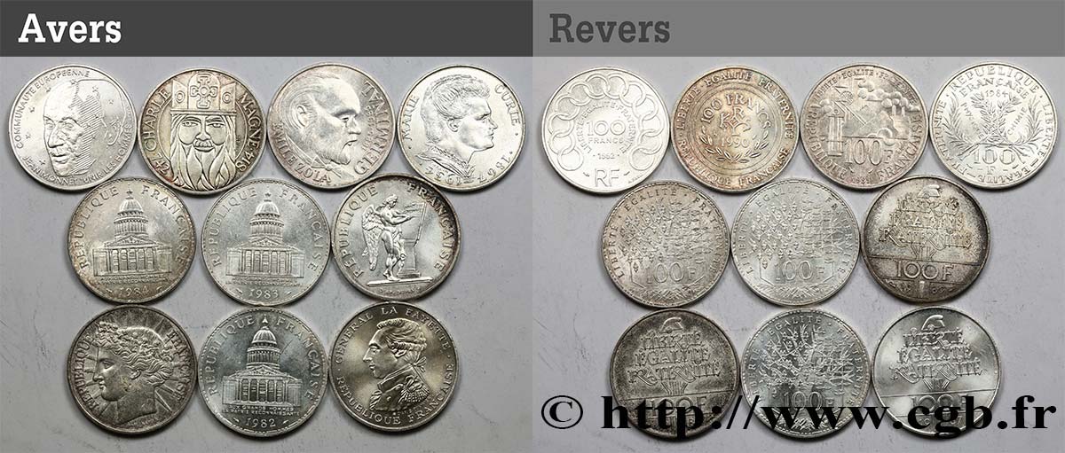 Lot de 10 pièces de 100 francs commémoratives - - F.-/ SS