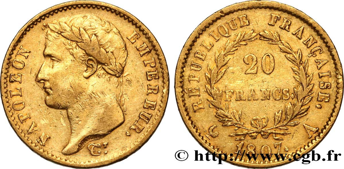 20 francs or Napoléon tête laurée, République française 1807 Paris F.515/1 XF 