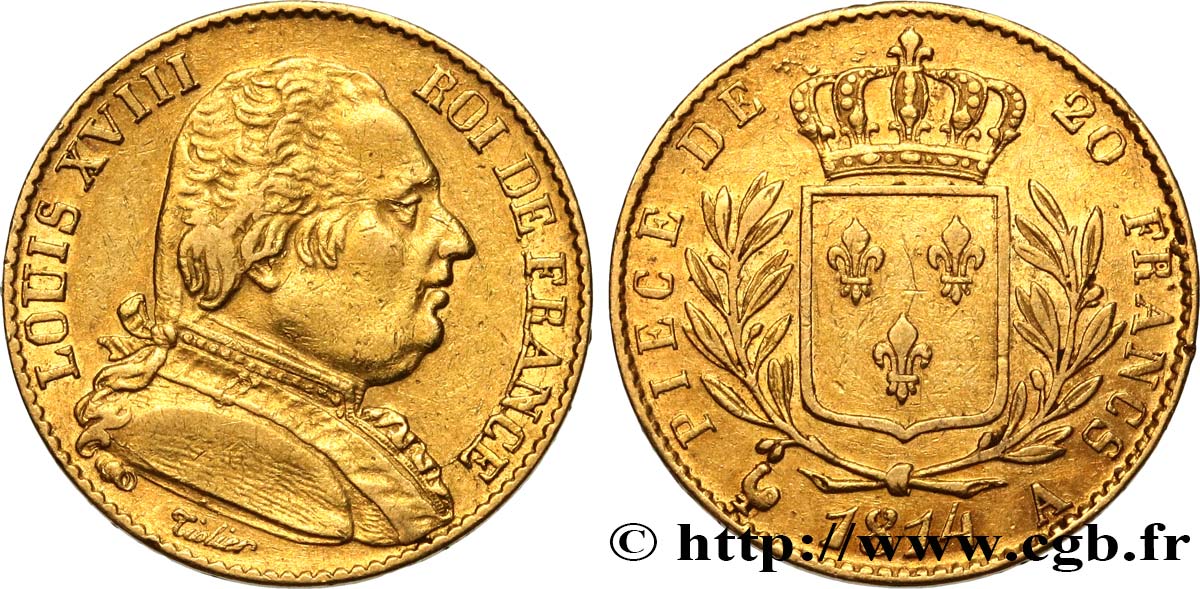 20 francs or Louis XVIII, buste habillé 1814 Paris F.517/2 TTB48 