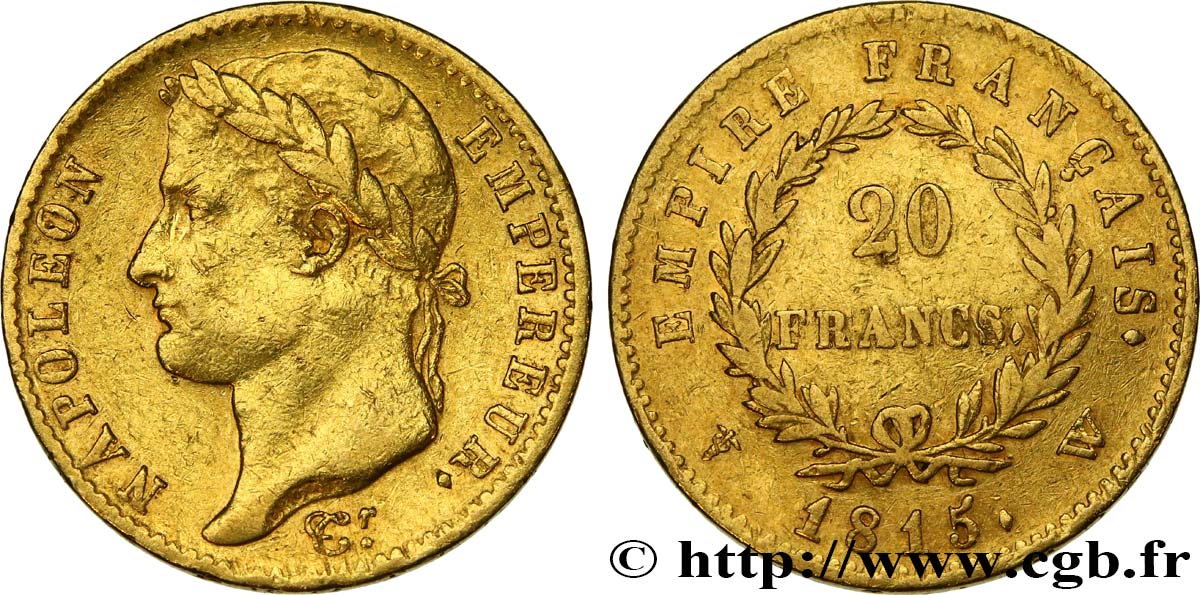 20 francs or Napoléon tête laurée, Empire français 1815 Lille F.516A/3 XF 