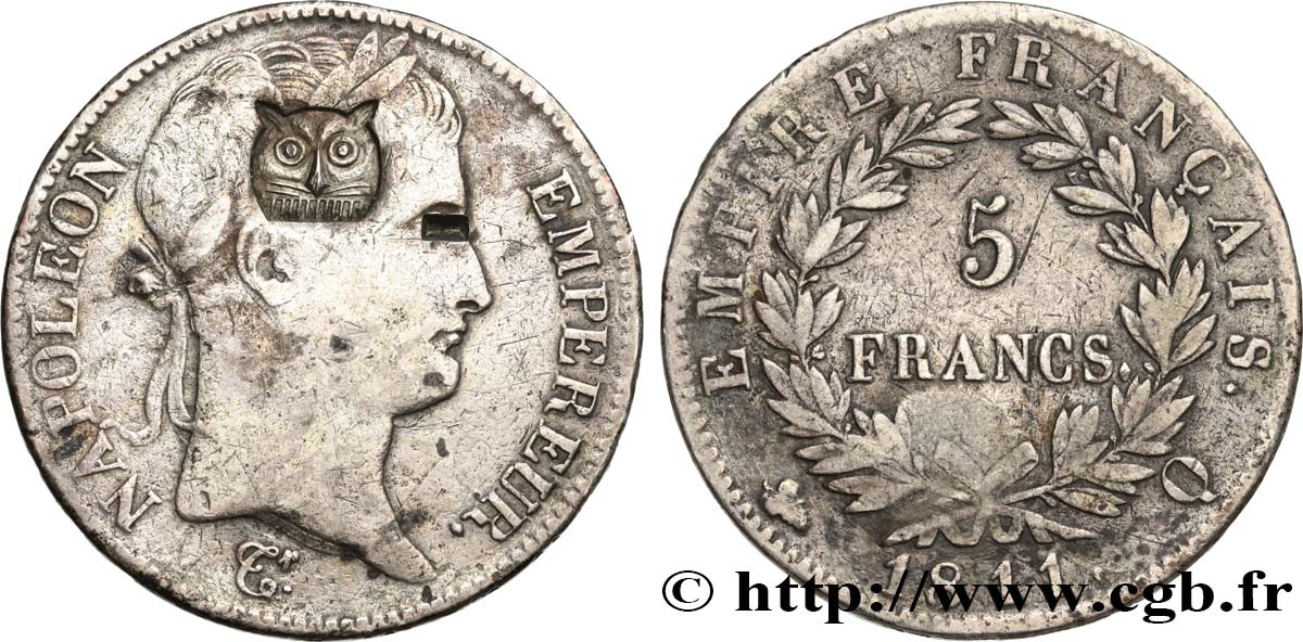 5 francs Napoléon Empereur, Empire français, contremarqué d’une tête de tigre 1811 Perpignan F.307/37 var. VF 