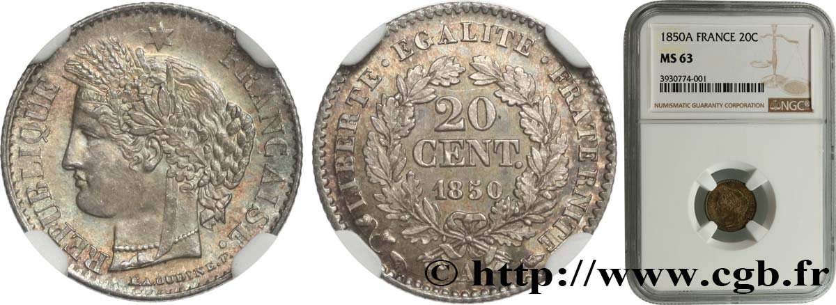 20 centimes Cérès, IIe République 1850 Paris F.146/3 MS63 NGC