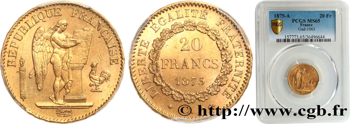 20 francs or Génie, Troisième République 1875 Paris F.533/3 MS65 PCGS