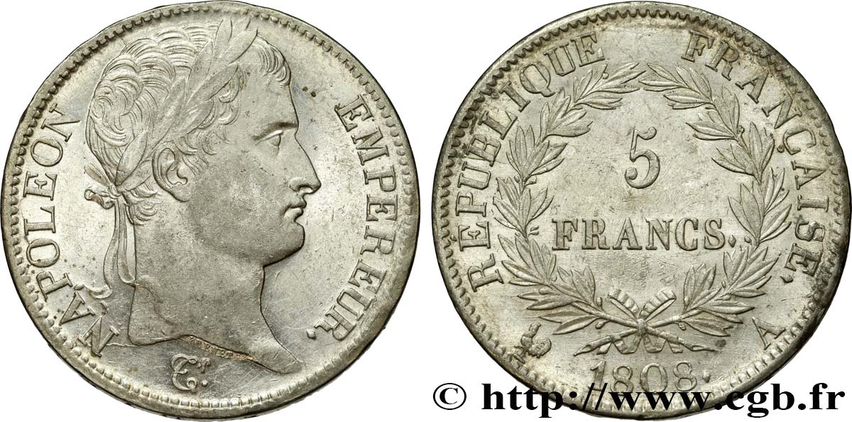 5 francs Napoléon Empereur, République française 1808 Paris F.306/2 AU 