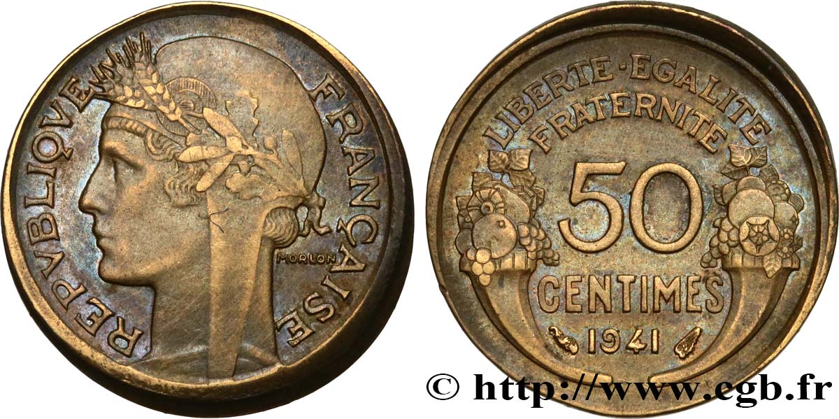 50 centimes Morlon, Fautée frappe hors virole 1941  F.192/18 var. XF 