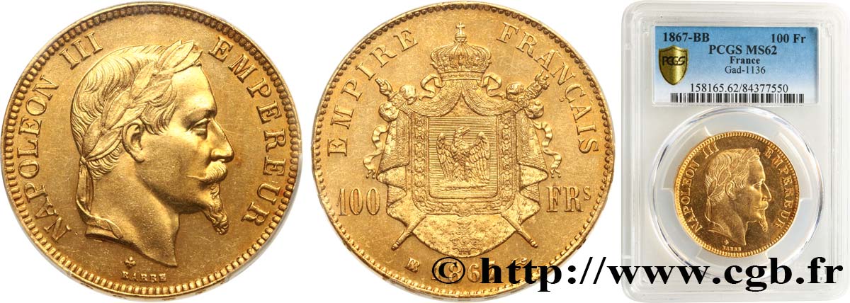 100 francs or Napoléon III, tête laurée 1867 Strasbourg F.551/9 SUP62 PCGS