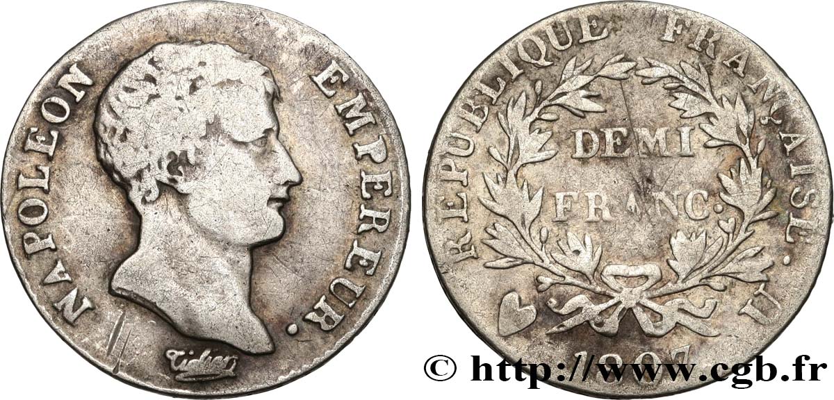 Demi-franc Napoléon Empereur, Calendrier grégorien 1807 Turin F.175/11 S15 