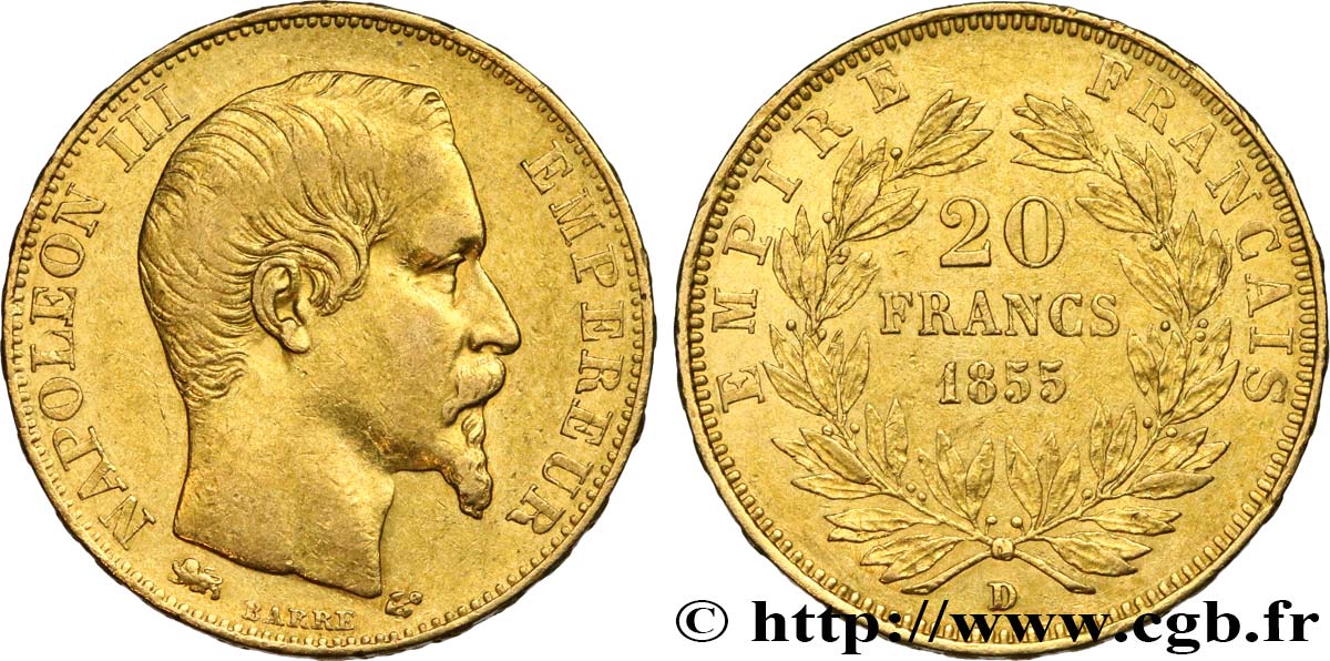 20 francs or Napoléon III, tête nue, Grand Lion 1855 Lyon F.531/8 XF48 