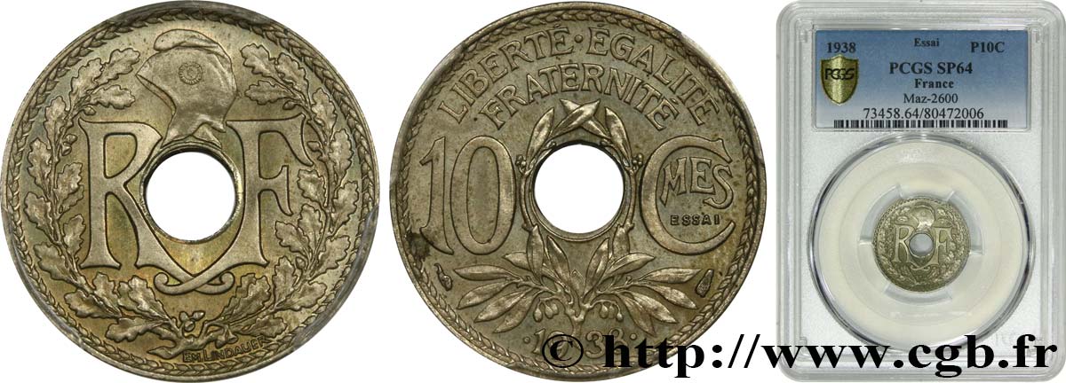 Essai de 10 centimes Lindauer, maillechort 1938 Paris F.139/1 SC64 PCGS