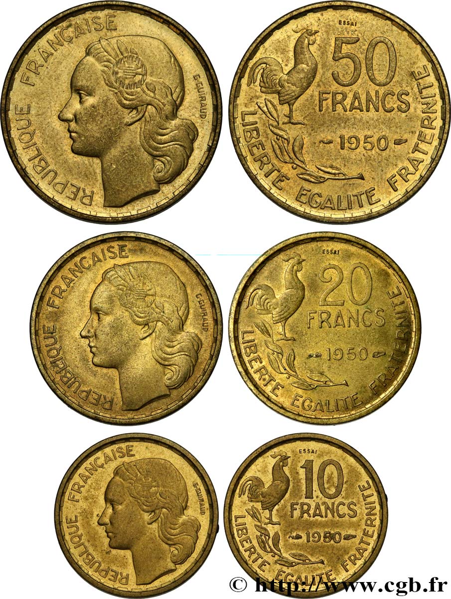 Lot des trois Essais de 10, 20 et 50 francs Guiraud 1950 Paris F.363/1 SPL+/MS 