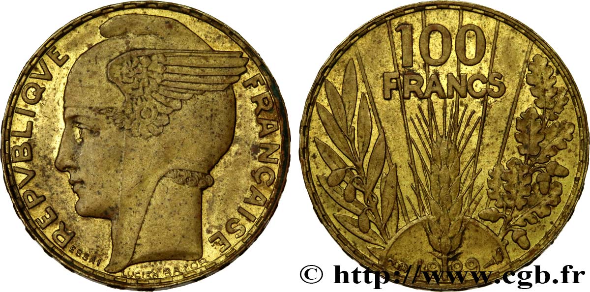 Concours de 100 francs or, essai de Bazor en bronze-aluminium 1929 Paris GEM.288 7 SUP 