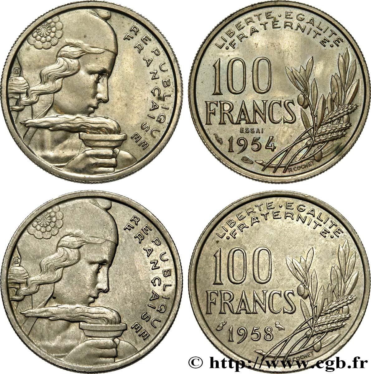 Lot d’un Essai de 100 francs Cochet 1954 + 1958 à la Chouette n.d. Paris F.450/1 MS 