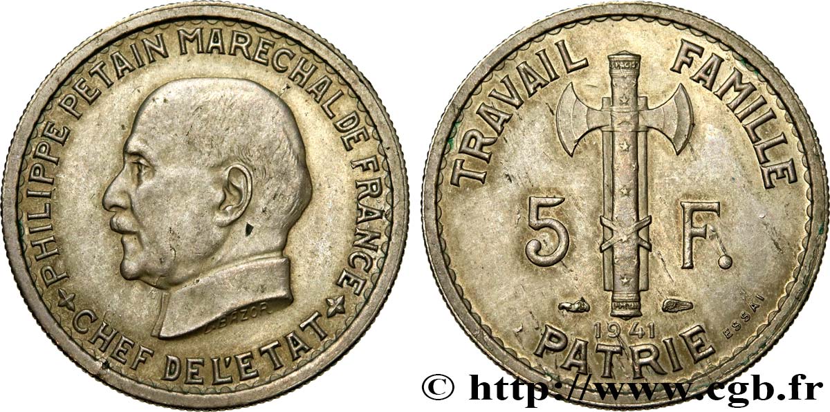 Essai de 5 francs Pétain en cupro-nickel, 3e projet de Bazor, petit 5 1941 Paris GEM.142 53 VZ+ 