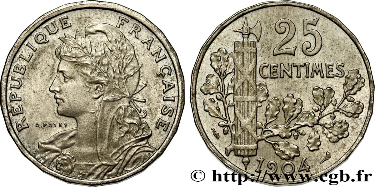 Piéfort de 25 centimes Patey, 2e type à 22 pans, sans le mot ESSAI 1904  GEM.62 P1 VZ62 