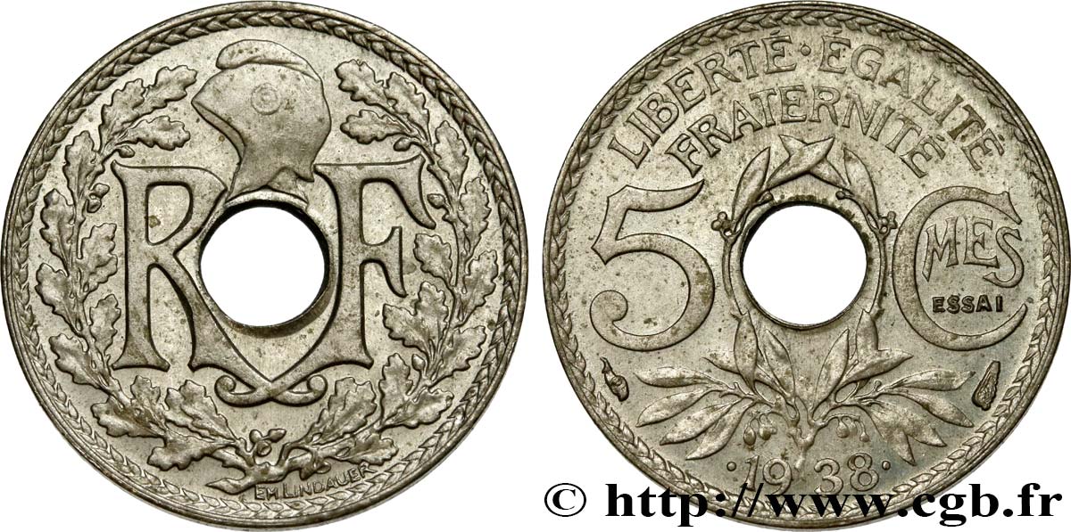 Essai de 5 centimes Lindauer maillechort, ESSAI en relief 1938 Paris F.123A/1 MS63 