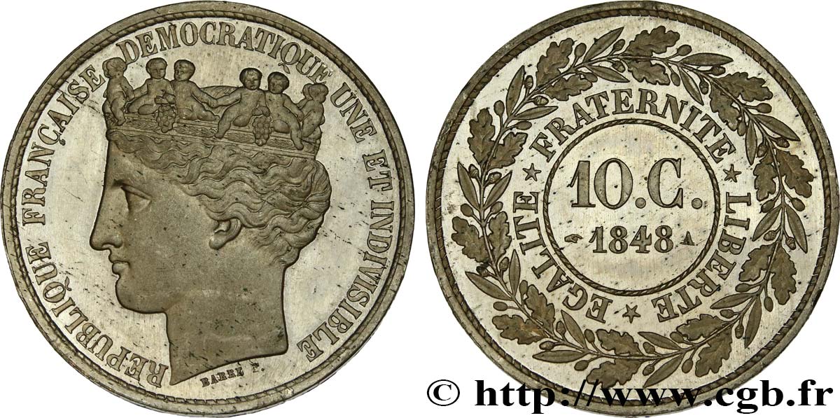 Concours de 10 centimes, essai en étain par Barre, second avers 1848 Paris VG.3132 var. fST64 