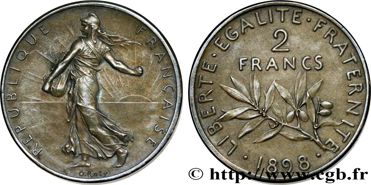 Piéfort 2 francs Semeuse, flan mat, vieil argent 1898 Paris GEM.111 P1 MS62 